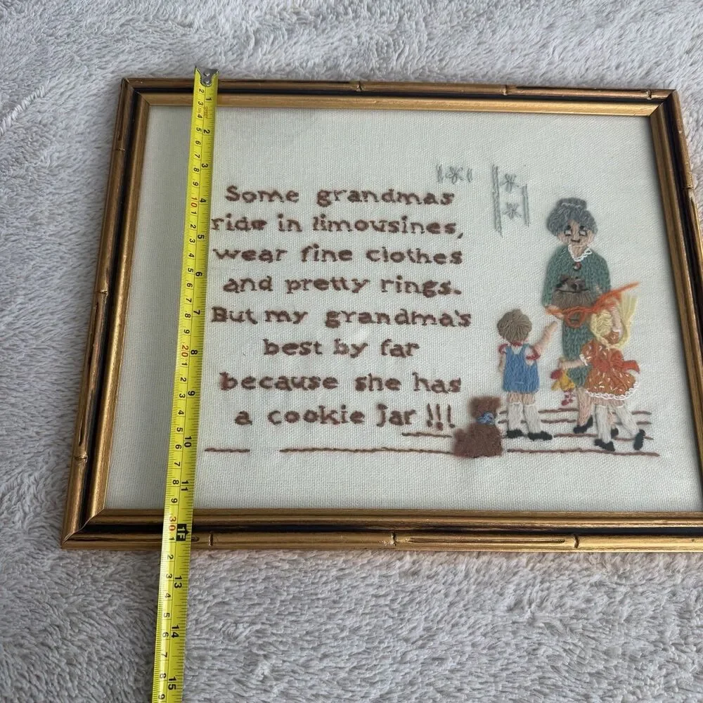 1970’s Cross Stitch Framed Grandma's Cookie Jar Embroidered Needlework Wall Art